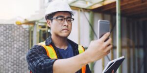 A contractor wearing safety gear on a jobsite holds up a smartphone.