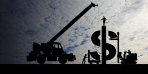 An illustration of a crane hoisting a large dollar sign.