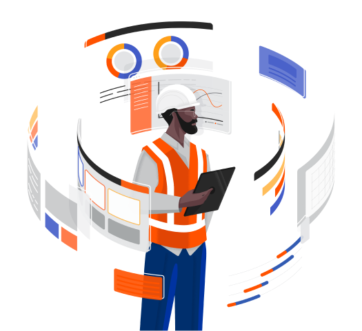 Illustration of construction professional surrounded by circle of charts on screens